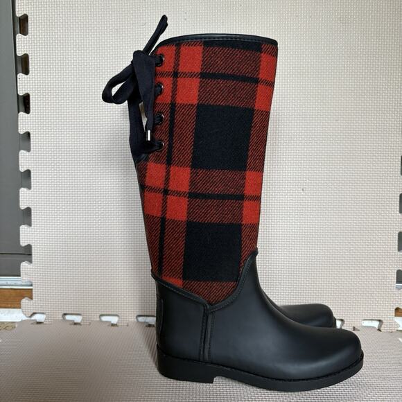 Coach Tristee Tartan Plaid Red Black Rain Boots Size EU 37 Preppy Outdoor Fall - Picture 1 of 13